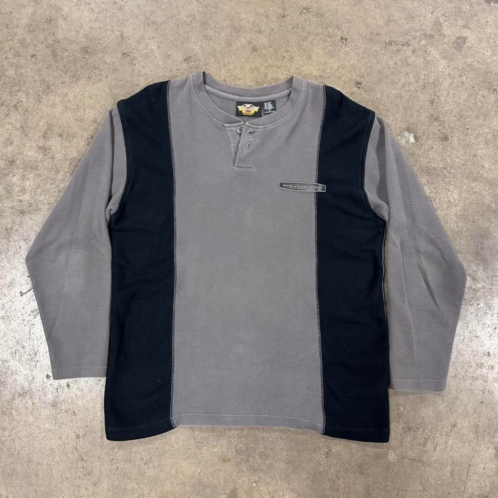 Men's Harley Davidson Grey & Black Henley Long Sleeve Shirt Size Medium